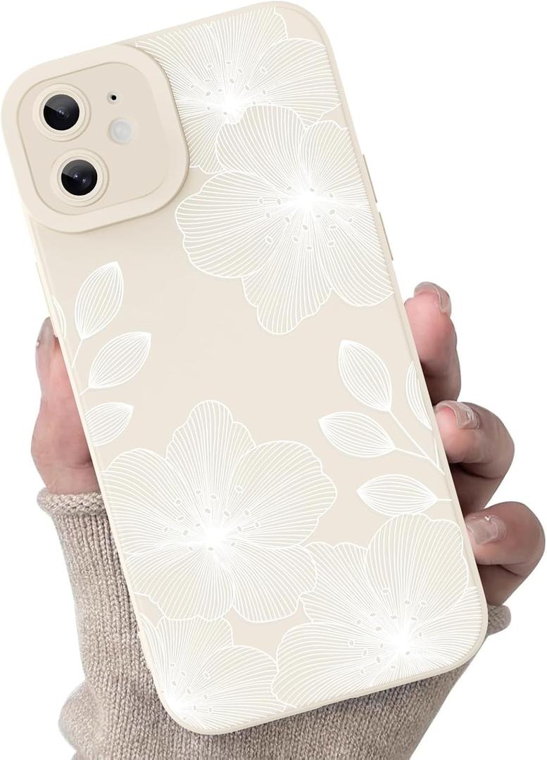 for iPhone 12 Case, Cute Floral Flower Pattern Print Design Soft TPU Full Camera Lens Anti-Drop Anti-Scratch Shockproof Protective Slim Phone Cover for Women Girls - White