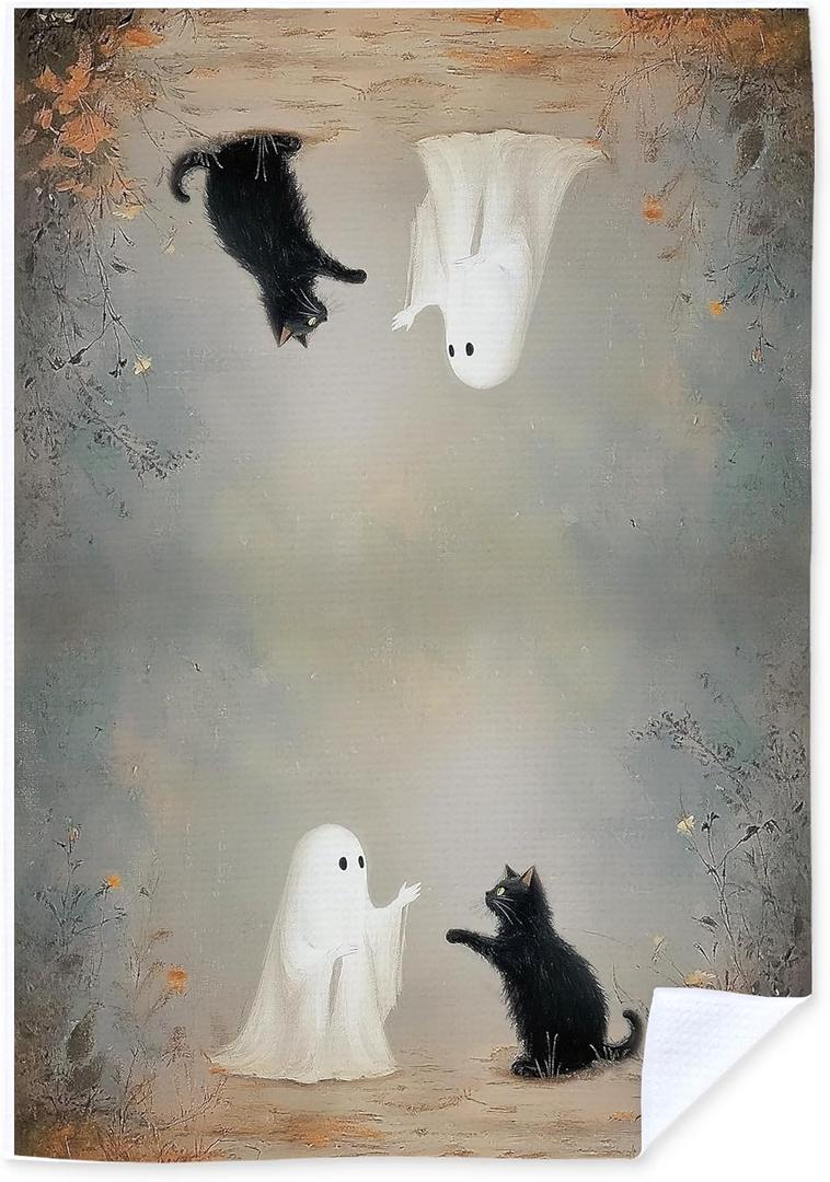 Cute Ghost Decor Kitchen Towels, Halloween Decorative Hand Towels for Bathroom, Ghost and Black Cat Decor Dish Towel, Black Cat Gifts Tea Towels, Halloween Decor for Home, 16x24 Inch