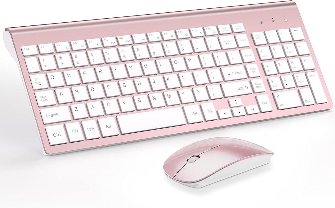 Wireless Keyboard and Mouse Ultra Slim Combo, TopMate 2.4G Silent Compact USB 2400DPI Mouse and Scissor Switch Keyboard Set with Cover, 2 AA & 2 AAA Batteries,for PC/Laptop/Windows/Mac-Rose Gold White