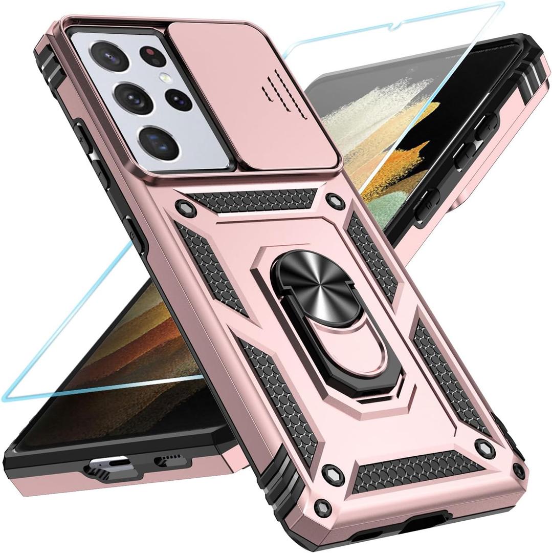 SunStory Phone Case for Samsung Galaxy S21 Ultra 5G Case with HD Screen Protector & Slide Camera Cover & Rotated Ring Kickstand, [Military-Grade] Phone Case for Galaxy S21 Ultra 6.8'', Rosegold
