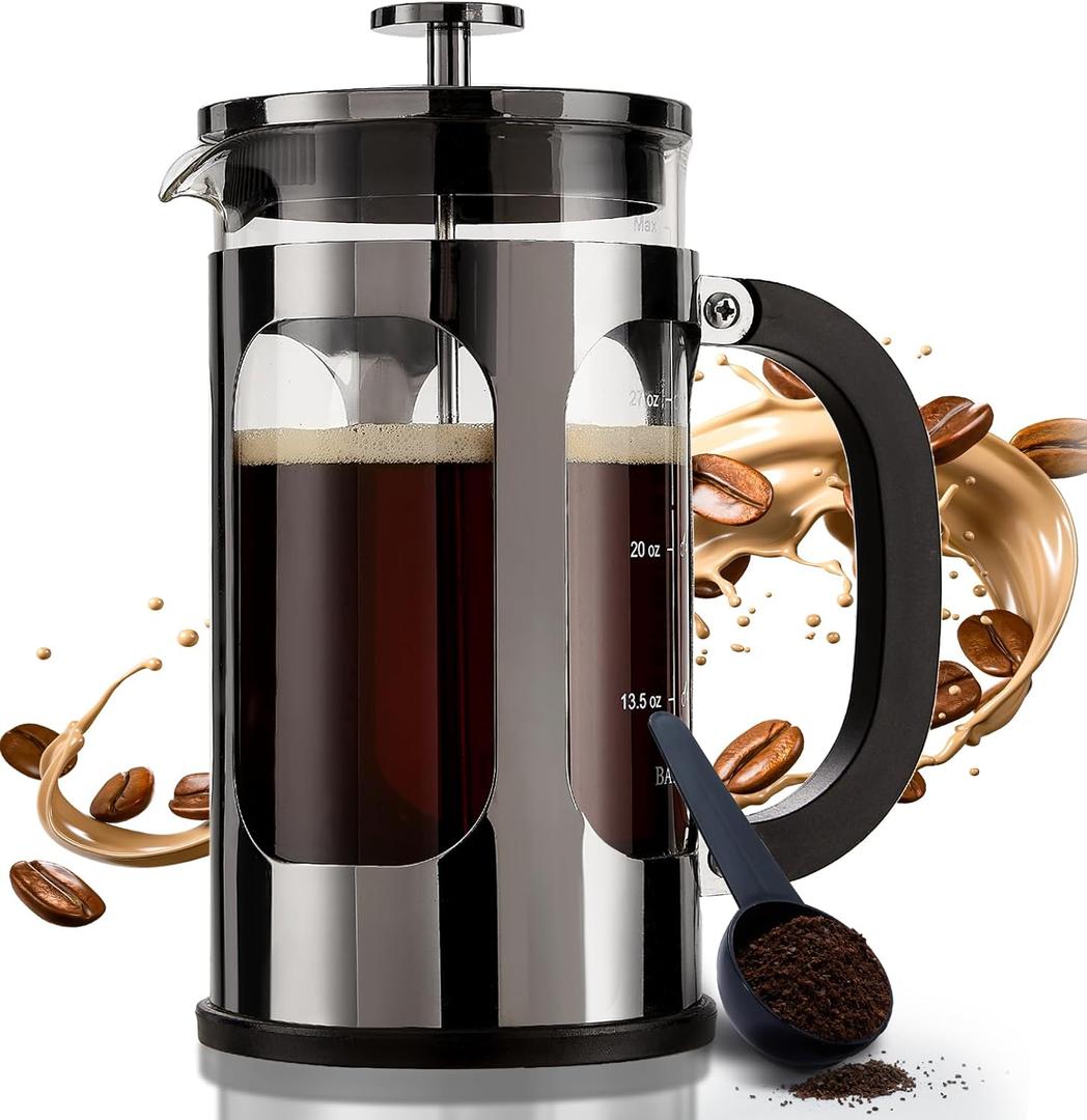 BAYKA French Press Coffee Maker 34 Ounce 1 Liter, Borosilicate Glass Stainless Steel Brewer, Large Portable Cold Brew Cafetera Teapot for Kitchen Travel Camping Coffee Bar Accessories, Dark Pewter (34 oz)