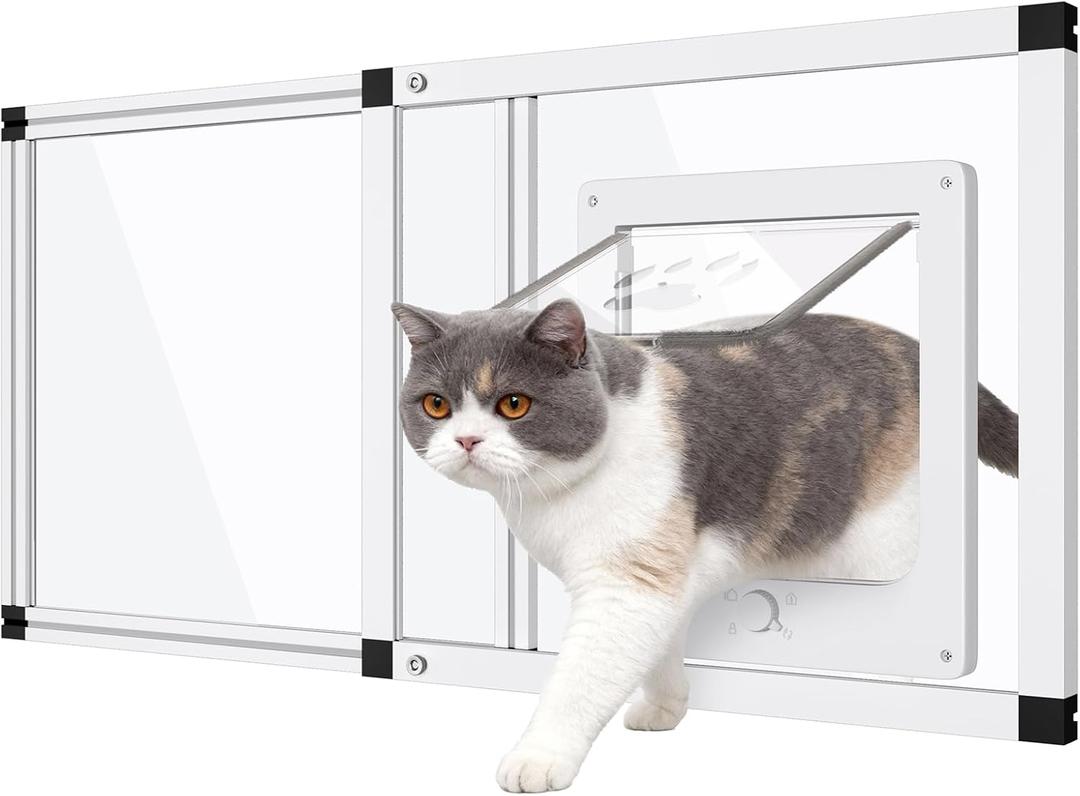 Sliding Cat Door for Window, Fits 32"-37" Width Window, 1-Min Install | Aluminum Frame + HD Glass | Weatherproof Design | Magnetic Closure Window Cat Door Insert, Adjustable Pet Door Window for Cats