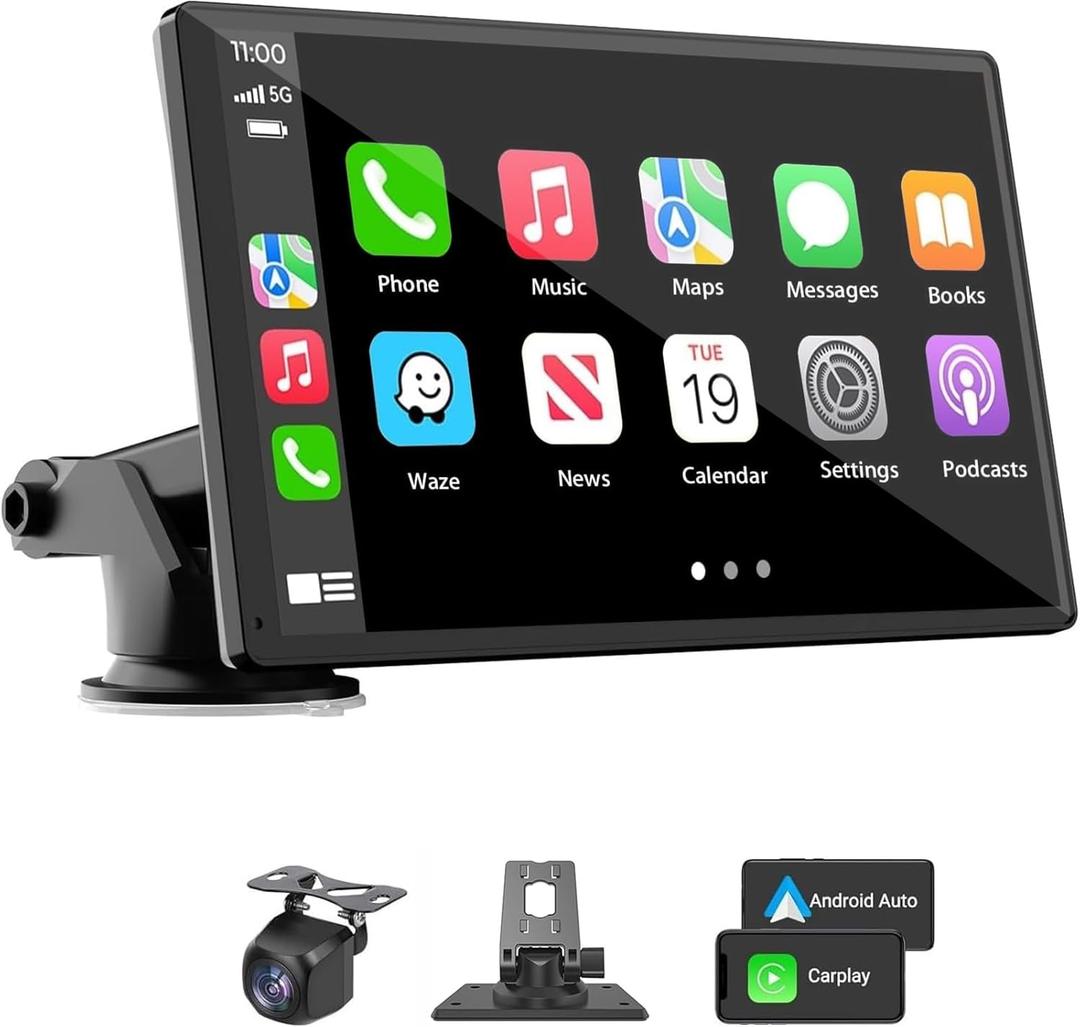 Portable Wireless Carplay Car Stereo, 7" HD Touchscreen for Car with Apple CarPlay & Android Auto with Backup Camera/Mirror Link/Voice Control/Bluetooth/GPS/AUX/FM Satellite Radio for All Vehicles (7 inch)