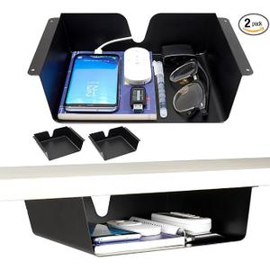KHAMAL Under Desk Storage Shelf 2 Pack- Under Desk Drawer With Built-in Cable Management For Home, Office, Gaming Setups, Kitchen (Black), Size 11 in x 9 in