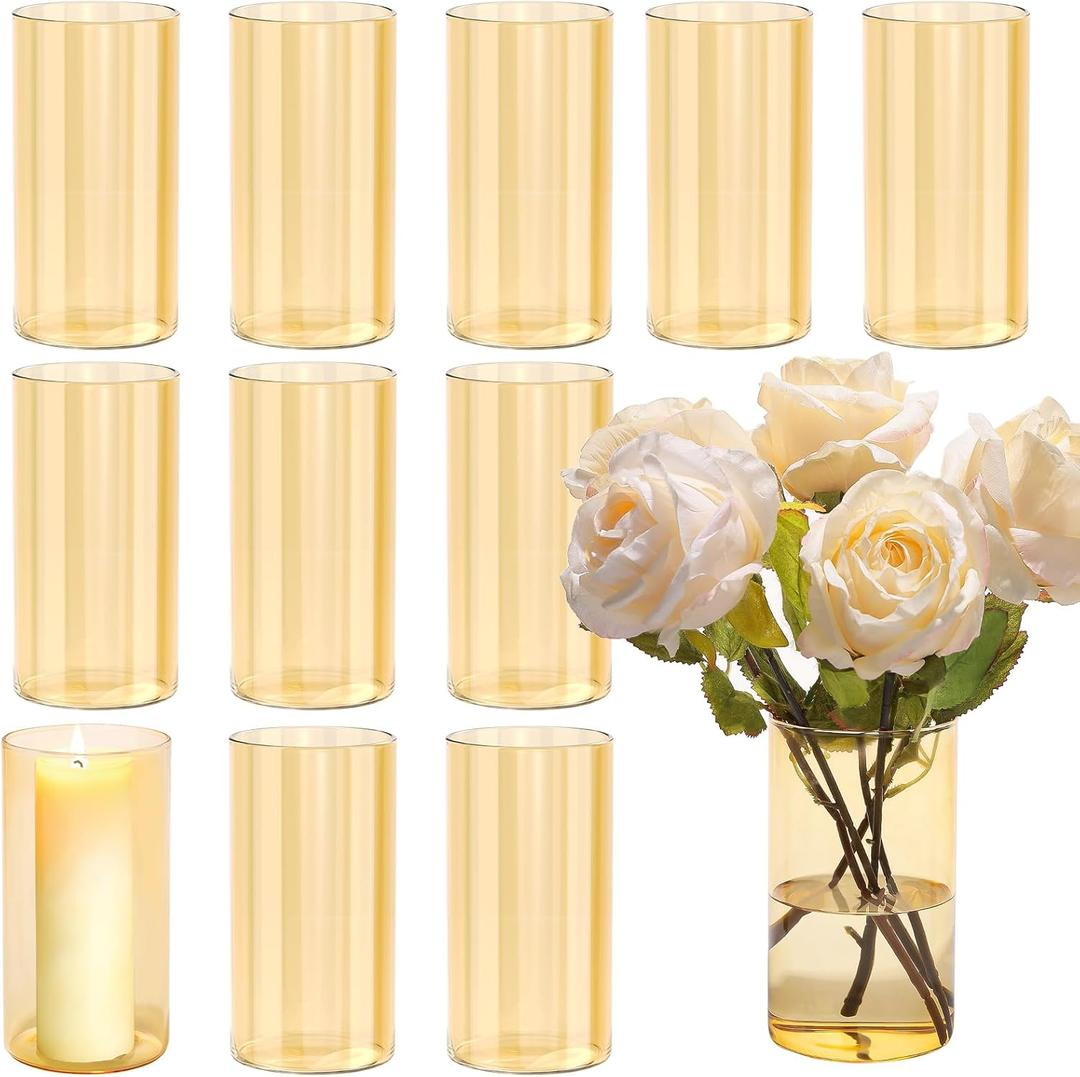 12pcs Glass Gold Amber Cylinder Vases for Centerpieces, 6 Inch Champagne Flower Vases for Wedding Decorations, Indoor Home Decor, Hurricane Candle Holder for Table Shelf, Party