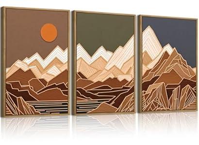 IARTTOP Large Modern Mountain Canvas Wall Art Framed Set of 3 Minimalist Geometric Mountain Wall Decor Abstract Woodcut Wall Painting for Living Room Bedroom Office-16x24 Inch