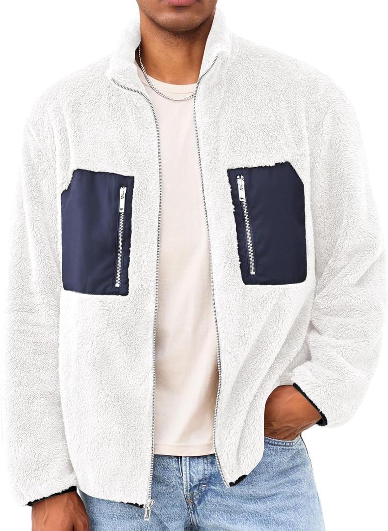 Yousify Mens Fuzzy Sherpa Jacket Casual Fleece Full Zip Stand Collar Coat Fall Winter Warm Outwear (Medium, White)