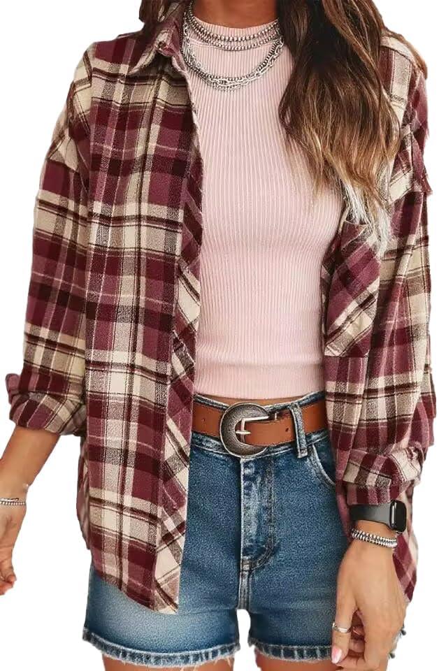 KevaMolly Plaid Long Sleeve Flannel Shirts for Women Loose Fit Boyfriend Button Down Shirt Casual Flannel Blouse Tops Brown Stripe Plaid XXL