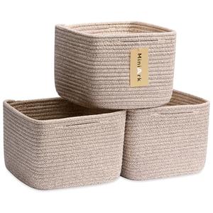 MiniArk Small Organizing Baskets for Cubes Shelf, 9.7x9.7x7.1 Inch Rope Woven Storage Bins for Nursery Shelves Storage, Cute Toy Basket, Square 3 Packs Mixed Brown