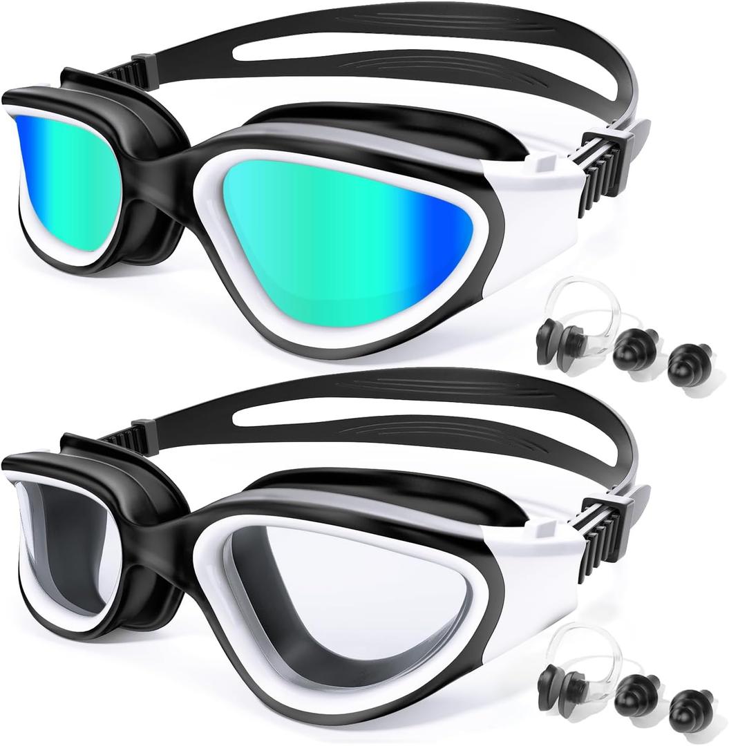 2 Pack Swim Goggles, Tenfold Long-Lasting Anti Fog Swimming Goggles Adult Men Women No Leakage Nose Clip Earplugs (2-white & Mirror Gold)