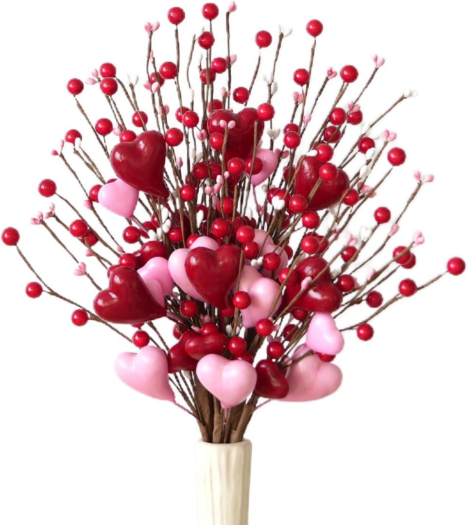 6 Pcs Valentine's Day Picks 17 Inch Artificial Red Heart Berry Stems - Valentine's Day Stems for Home Table Centerpiece Vase Wedding Anniversary Party Decor