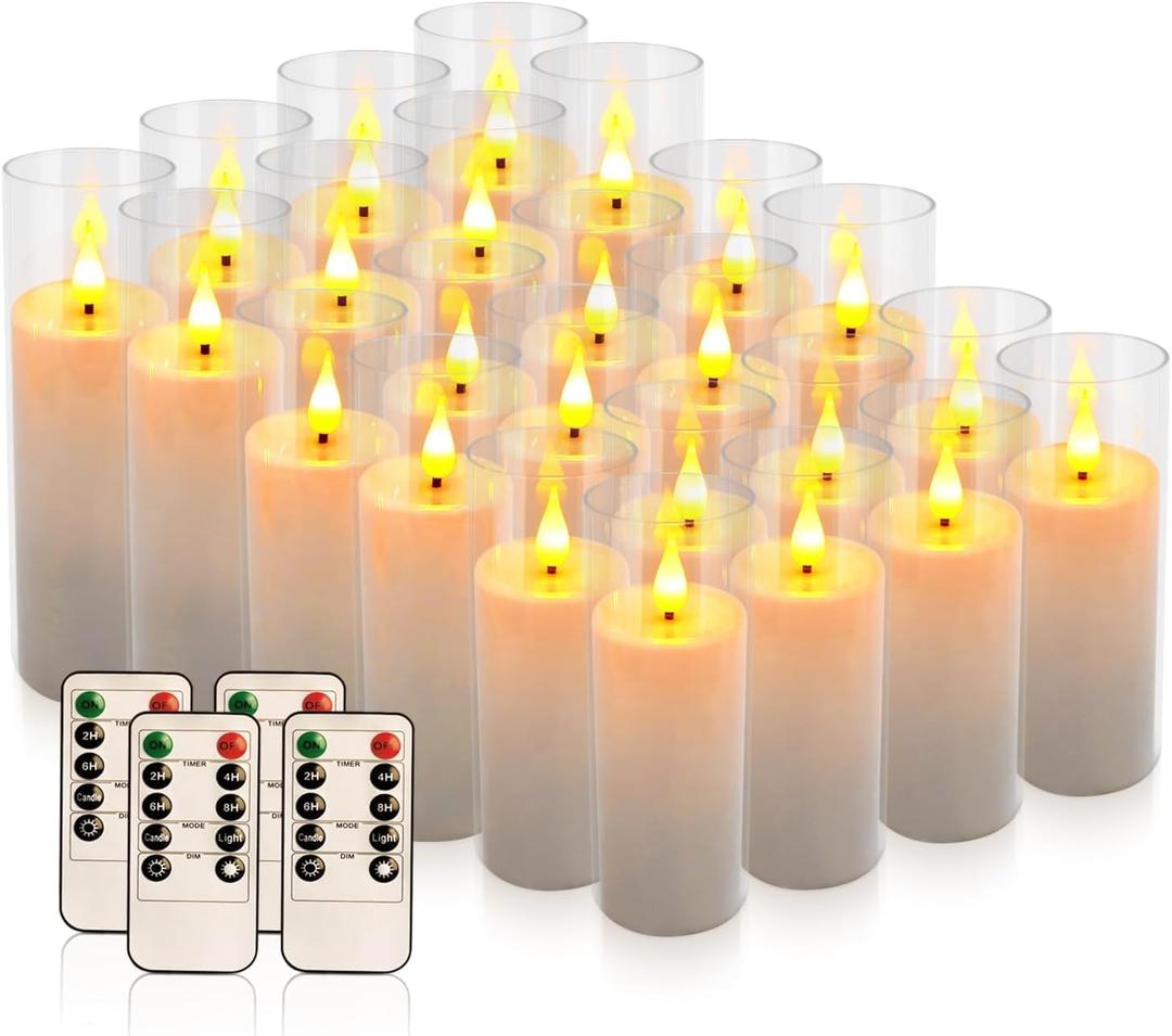 Set of 24 Flickering Flameless Candles Battery Operated with Remote and 2/4/6/8 H Timer Plexiglass Led Pillar Candles with Realistic Moving Wick Candles for Home Decor (D2.2"xH 5"6"7")(White)