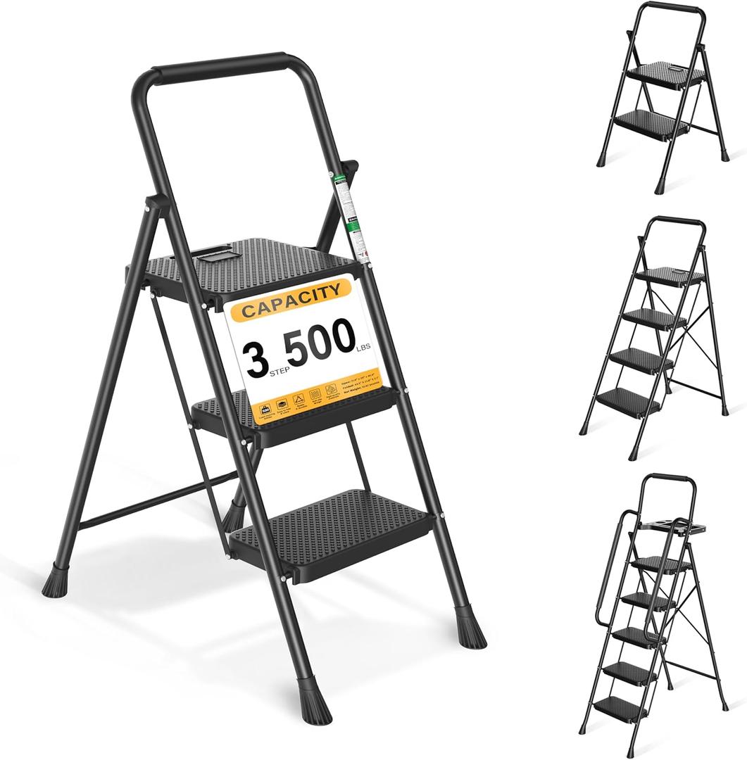 Arbusb Step Ladder, Folding Step Stool with Wide Anti-Slip Pedals, Sturdy Steel Ladder with Handrail, Space-Saving, Portable for Home & Adults, 3 Step Ladder