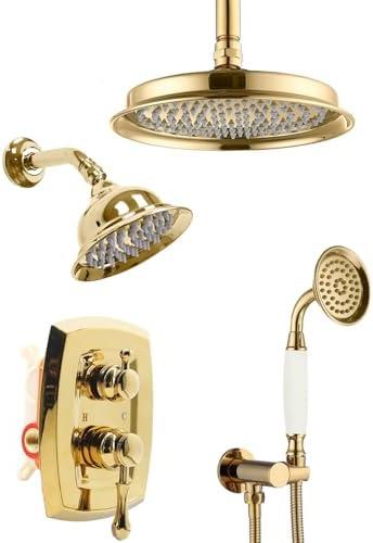 Antique Dual Rain Heads Shower-Faucet System: 9" Ceiling Mounted & 6" Wall Mount with Vintage Handheld Spray, 3 Way Diverter Brass Rough in Valve with Trim Kit, Gold
