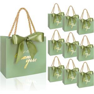 Whaline 50Pcs Thank You Paper Gift Bags with Bow Sage Green Party Favor Bags with Handles Mini Parties Favor Bag for Wedding Bridal Baby Shower Birthday Party (Assembly Required)