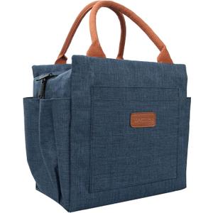 Joymee Lunch Bag Women Insulated Lunch Box Reusable Leakproof Large Spacious Tote for Women Men Adult with Bottle Holder and Side Pockets for Work Picnic Travel - Navy Blue