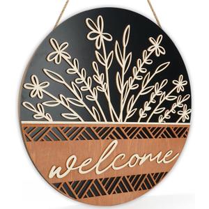 Dazingart 16” Large 3D Welcome Front Door Sign , Wild Flower Front Door Hanger , Rustic Year Round Wood Wreaths Wall Hanging Outdoor, Farmhouse Porch Decorations for Spring Summer Fall All Seasons Holiday Halloween Christmas (Welcome Black)