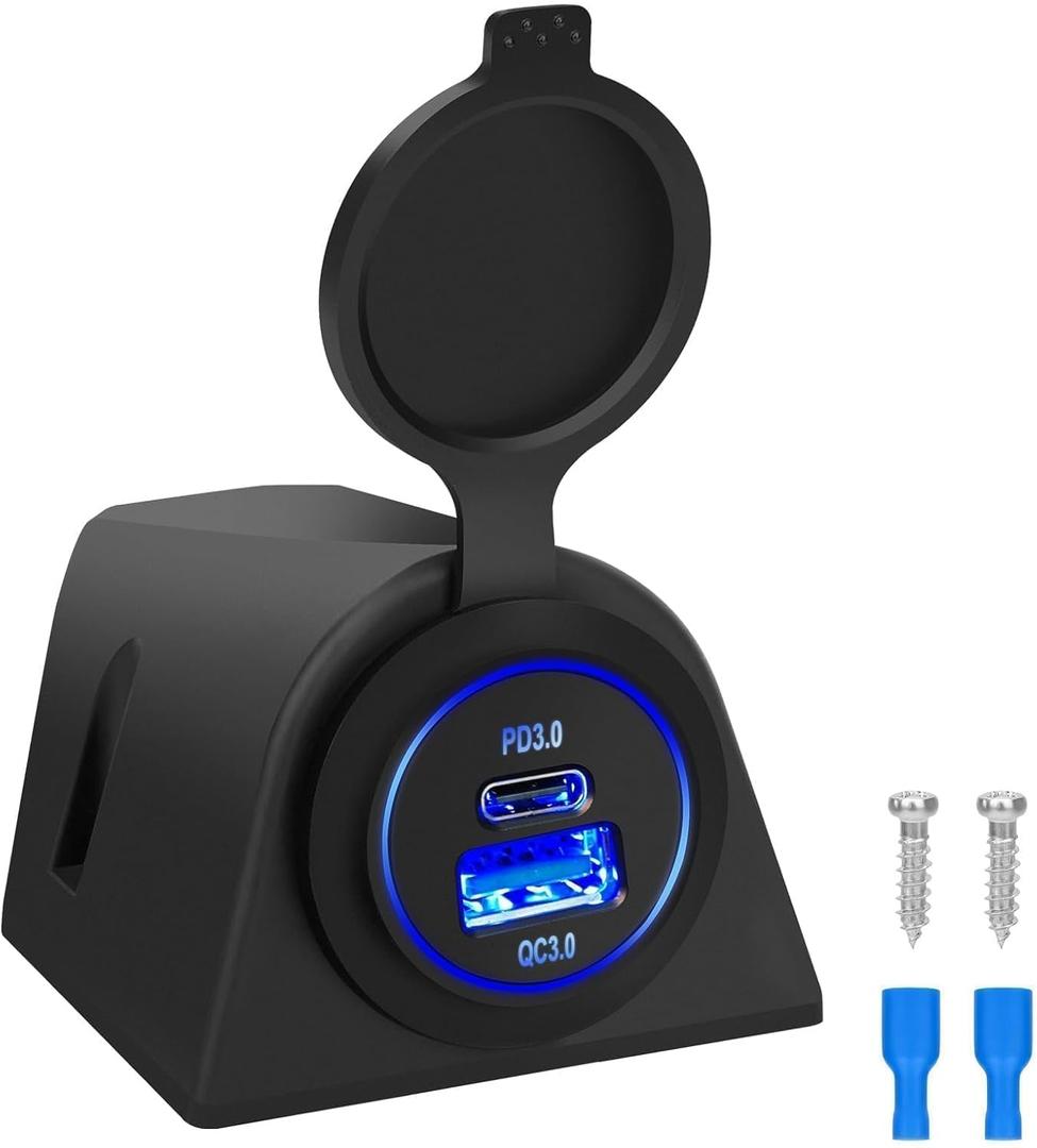 Linkstyle Car Charger Socket, Car USB Outlet with 18W USB A & 30W USB C Port Tent Type Outlet with LED Light for 12V/24V Vehicles