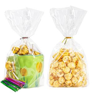 NPLUX 100 Pack Cellophane Bags Clear Flat Bottom Cellophane Treat Bags Gusseted with 100 Pack Twist Ties for Candy Popcorn Cookie Small Gift Wrapping, (5x8x2 Inches)