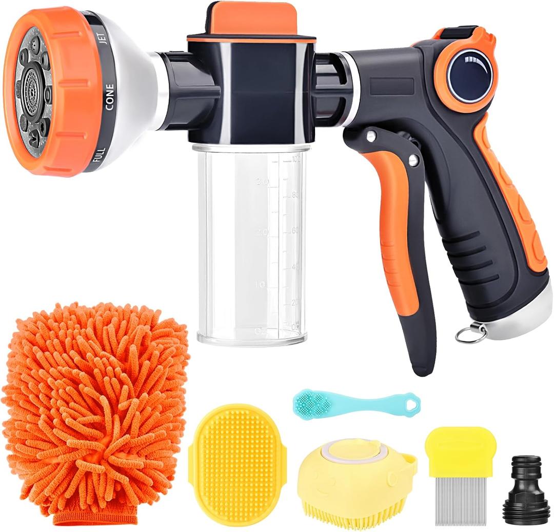 Upgrade Dog Washing Hose Attachment, 8 Way Spray Pattern Garden Hose Nozzle with Soap Dispenser, Dog Wash Supplies with 2 type Dog Bath Brush, Dog Comb and Toothbrush, Car Washing Mitt