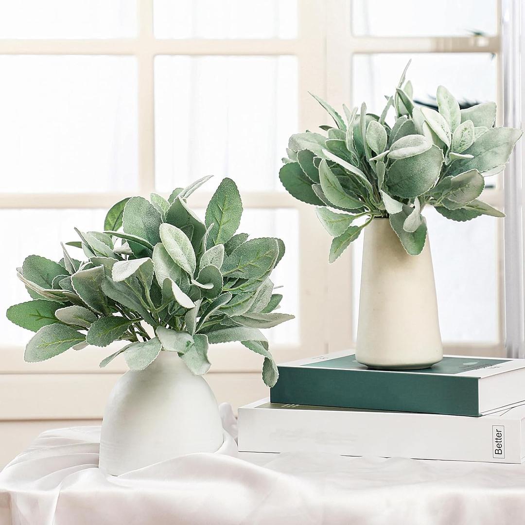 Giegxin 24 Pcs Artificial Lambs Ear Stems Garland Faux Greenery Stems Bulk Flocked Faux Greenery Decor Fake Lambs Ear Picks Plants for Home Wedding DIY Wreath Flower Arrangement