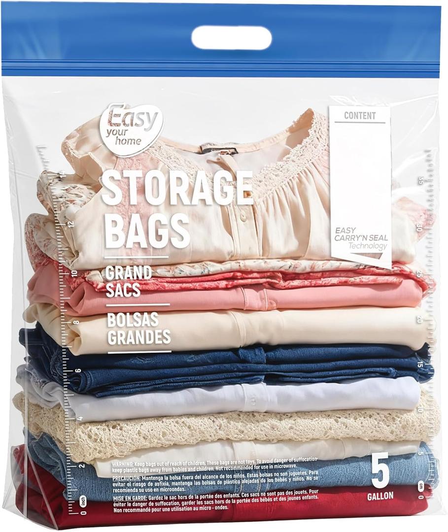 10PCS 5 Gallon Zipper Lock Plastic Bags with Handle and bottom,18"x23"+7",Extra Large Size Reusable Storage Bag with Double Zip for Clothing,Travel,Moving,Beach,BPA-Free,3-Mil Thick