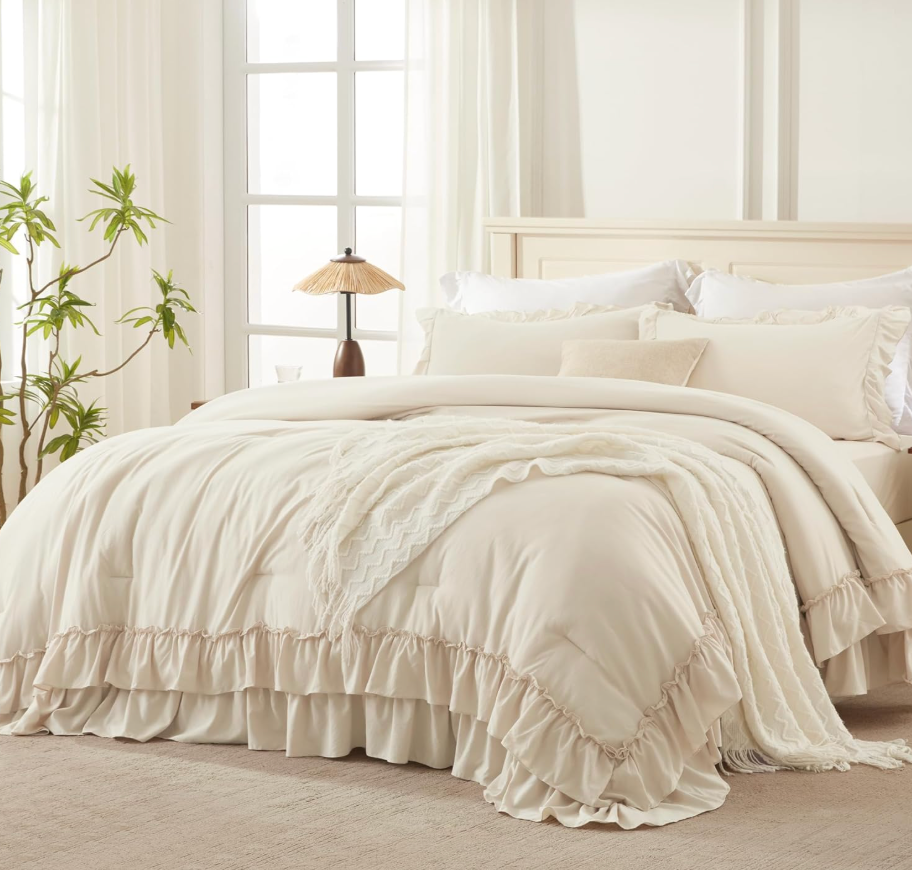 Andency Twin XL Ruffle Comforter Set, 2 Pieces Shabby Chic Farmhouse Bedding Set, Lightweight Soft Comforter Set 68×92In for Girls Women (1 Comforter 1 Pillowcase), Beige