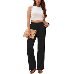 Beautiful Nomad Women's Linen Pants High Waisted Straight Pant Casual Flowy Wide Leg Drawstring Trousers with Pockets Black XXL