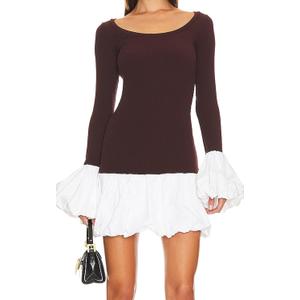 Women's 2025 Fall Dress Sexy Crew Neck Puffy Long Sleeve Bubble Party Club Bodycon Mini Dresses (15brown) S