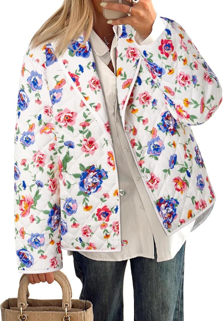 Tankaneo Womens Puffer Quilted Jacket Lightweight Floral Print Button Down Long Sleeve Patchwork Outwear Coats