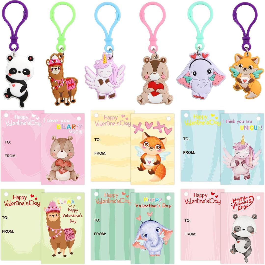 ceiba tree 30 Pack Valentines Day Gifts for Kids Cards with Animal Key Chains Classroom School Classmates Keychains Valentine's Class Gifts Exchange Goodie Bag Stuffers Party Favors