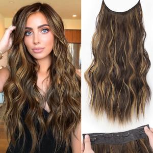 KooKaStyle Invisible Wire Hair Extensions with Transparent Headband Adjustable Size 4 Secure Clips Long Wavy Secret Wire Hairpiece 20 Inch Chestnut Brown with Blonde Highlights for Women