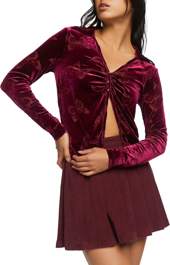 Forever 21 Women's Burnout Butterfly Split-Front Top (Red, S)