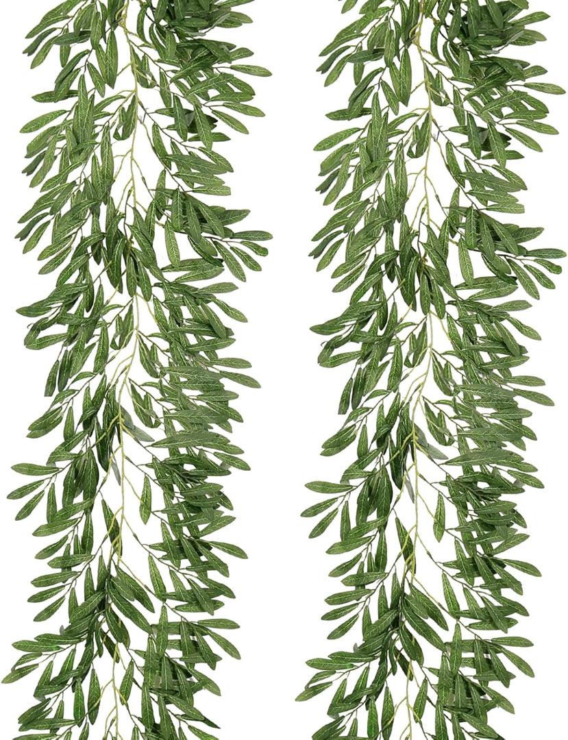 Recutms 2Pcs Artificial Olive Leaves Garlands 6.2Ft-Fake Hanging Silk Willow Leave Ivy Vines Faux Bayberry Leaf Twigs Greenery Rattan for Indoor Outdoor Wedding Birthday Party Home Garden Table Decor