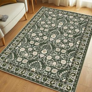 Dark Green Rug Machine Washable Rugs 3x5 Boho Area Rugs Floral Small Rug for Living Room,TPR 3x5 Non Slip Dark Green Rugs for Under Table Carpet for Laundry Room Kids Room Dining Room