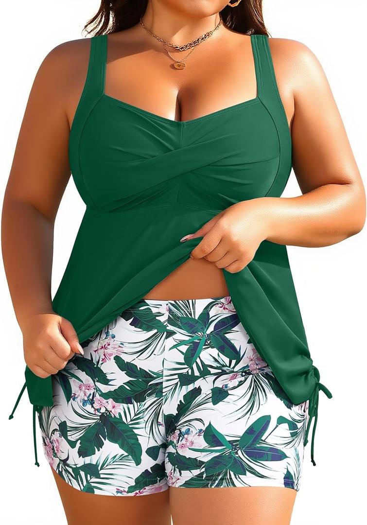 Aqua Eve Women Plus Size Tankini Swimsuit Two Piece Flowy Swimdress Bathing Suits with Shorts Green 18W