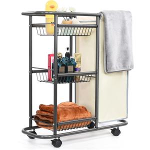 Rolling Laundry Cart with Wheels: Heavy Duty Laundry Basket with Wheels - 3-Tier Cleaning Cart Between Washer and Dryer Storage with 1 Bag for Clothes, Laundry Room, Bathroom, Bedroom
