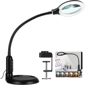 12X Magnifying Glass with Light and Clamp, 5 Color Modes Stepless Dimmable Lighted Magnifier with Stand, Flexible Gooseneck LED Desk Lamp Hands Free for Craft Reading Painting Hobby Close Work (Black)