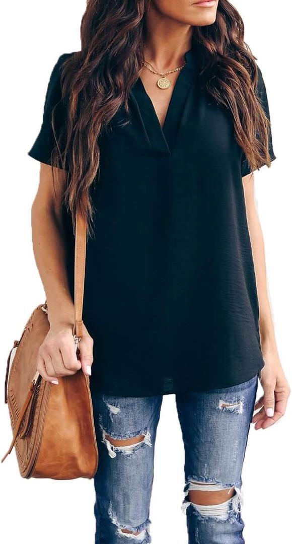 Allimy Women Summer Casual Split V Neckline Chiffon Blouses Loose Tunic Short Sleeve Tops (Small, Black)