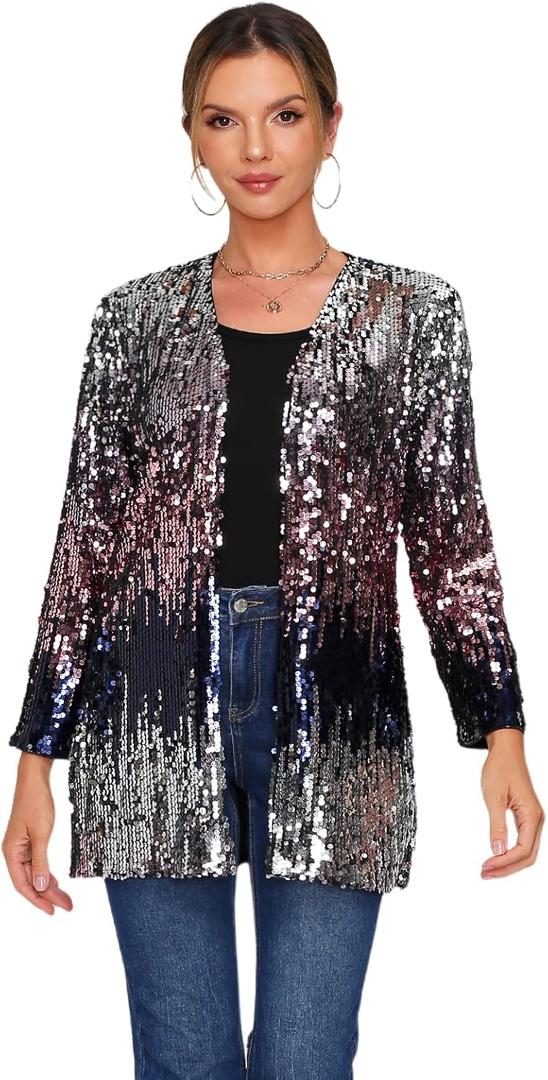 Women's Sequin Jacket Long Sleeve Open Front Blazer Glitter Sparkly Coat Party Casual Cardigan (Silver+dark Blue+pink)