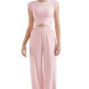 SUUKSESS Women 2 Piece Matching Lounge Workout Sets Outfits Sleeveless Cropped Tops Summer High Waisted Wide Leg Pants Pink XL