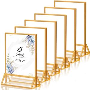 Gold Picture Frame 5X7 Acrylic Sign Holder with Gold Borders Double Sided Acrylic Frames Clear Display Stand, Plastic Sign Holder for Wedding Table Numbers Menu Holder (6 Pack)
