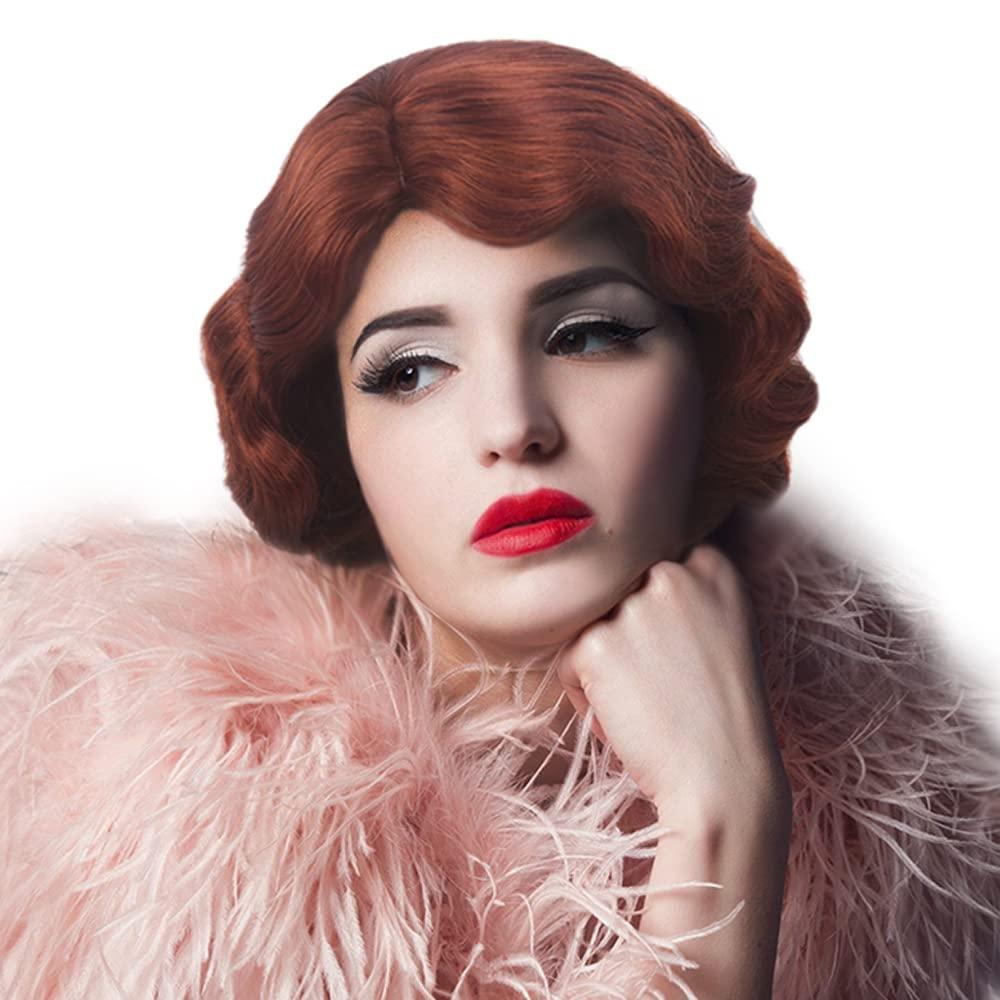 H&Bwig Short Red 20s Wigs for Women Natural Finger Wave Synthetic Hair Wig for Women Lady Ladies Cosplay Anime Party Costume Anime Flapper Wig