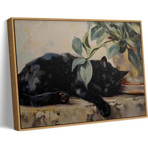 Framed Vintage Black Cat Canvas Wall Art, Retro Sleeping Black Cat with Green Plant Painting Wall Decor Vintage Cute Animal Picture Prints Rustic Aesthetic Home Decor for Living Room Bedroom 12x16