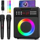 Karaoke Machine for Adults & Kids, Portable Karaoke Machine with 2 Wireless Microphones, Karaoke Speaker with LED Lights Supports USB/AUX in/TF Card for Home Party and Outdoor Event (Pink)