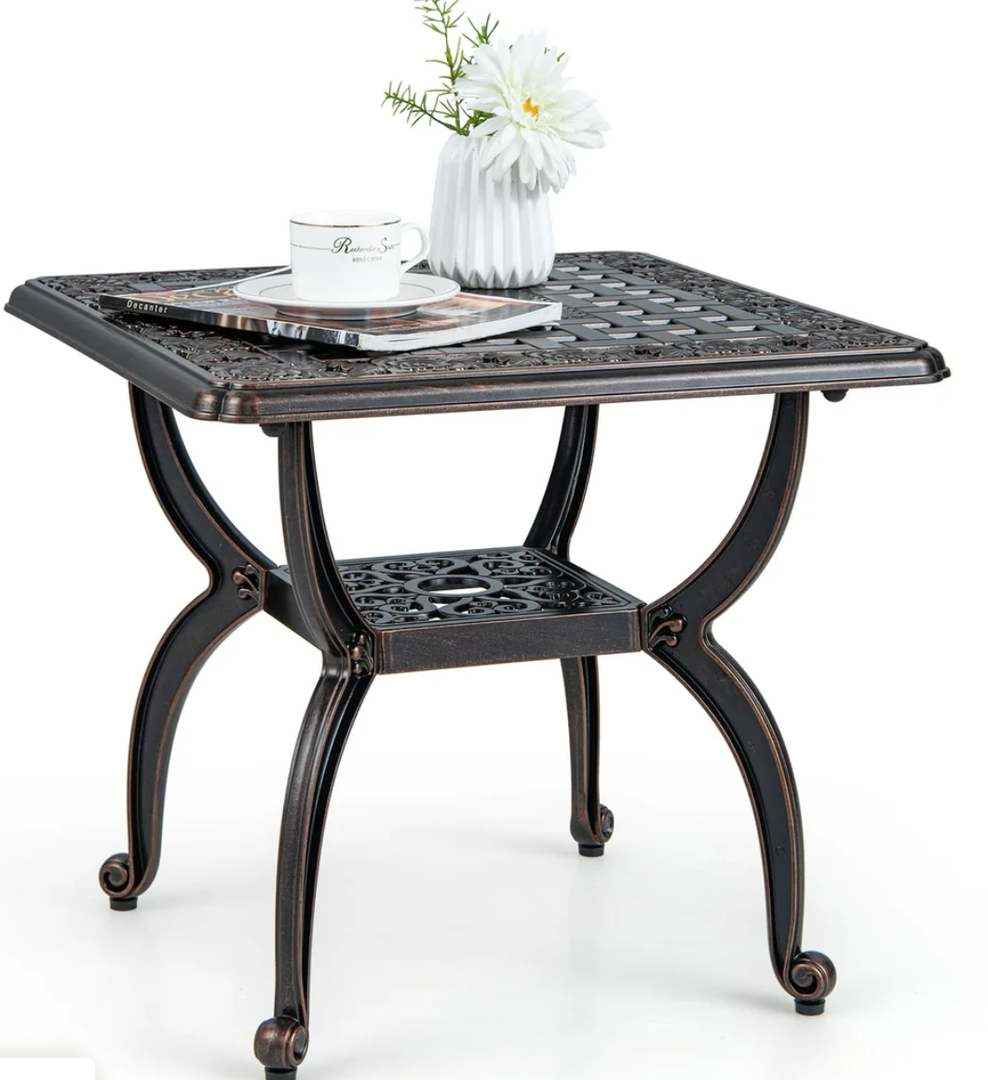 Giantex 21” Patio Bistro Table, Cast Aluminum Outdoor Side Table with Storage Shelf