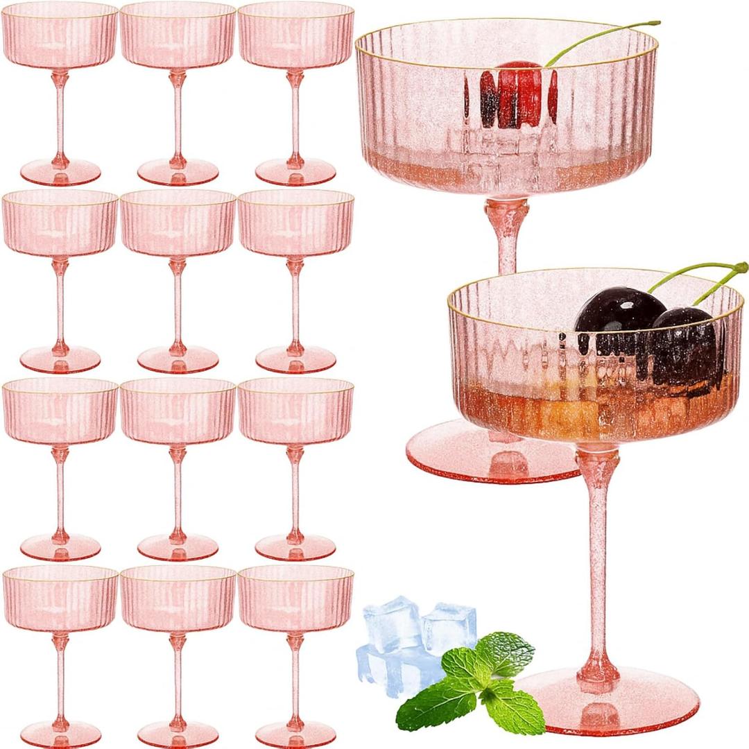 Jingmore 12 Pcs Ribbed Martini Glasses 10 oz Disposable Plastic Vintage Ribbed Coupe Glasses with Gold Rim Glitter Cocktail Unbreakable Dessert Parfait Glassware for Wedding Party Supplies (Pink)