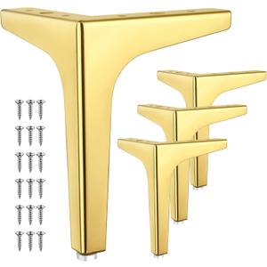 4 Pcs 7 Inch Metal Furniture Legs, Modern Style Furniture Sofa Legs Metal Polished Gold Triangle Feet for Table Cupboard Sofa Couch Chair DIY Replacement Feet - with Rubber Floor Protectors