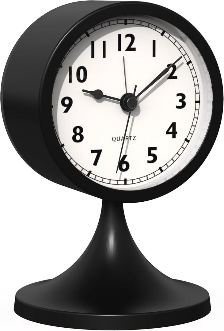 AYRELY 3" Cute Analog Alarm Clock,Small Retro Table Clock Battery Operated,Slient Metal Desk Clock with Light for Living Room Decor,Bedroom,Bedside,Shelf (Black)