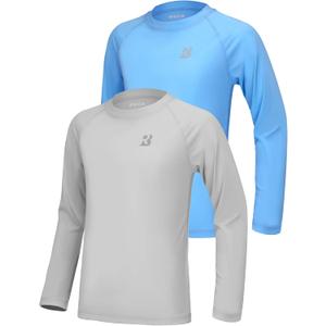 Roadbox Boys UPF 50+ Rash Guard Swim Shirt, 1 or 2 Pack Sun Protection Long Sleeve Shirts, Kids UV Rashguard for Beach Surf (Large, 2 Pack: Medium Blue+grey)